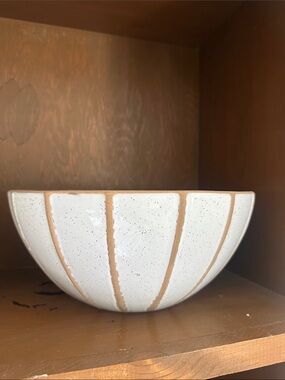 Handcrafted White Ceramic Bowl with Brown Stripe Accent cb2 Lawson fenning